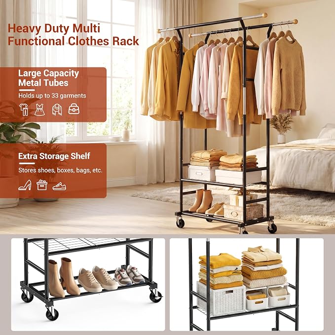 Clothes Rack with 3-Level Height Adjustment - Double Rod Extendable Hanging Rails with Wooden Finials, Luxury 2-Tier Metal Storage Shelves - Sturdy Wardrobe Rack for Closet, Bedroom or Laundry