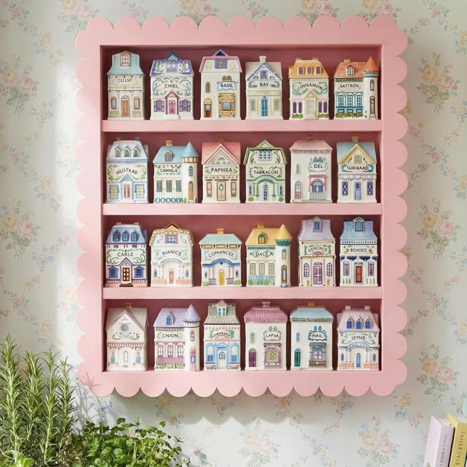 Chunful Spice Jar Wooden Rack Pink Sweet Scalloped Spice Shelf for 24 Jars, Village Style Wall Mounting Kitchen Storage Decorative Hanging Display Rack, Shelf Only(18.5 x 15.7 Inches)