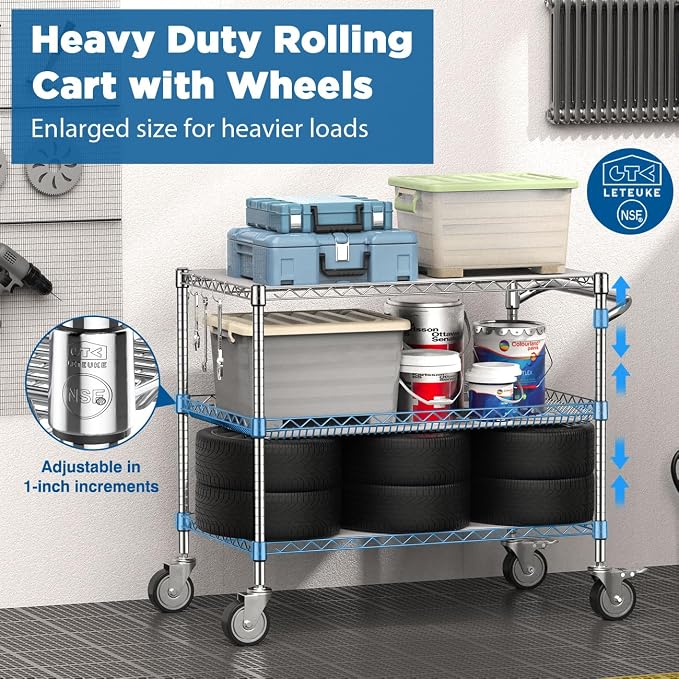 Commercial Rolling Utility Cart,45In Large Kitchen Carts with Wheels | 3 Tier Heavy Duty Serving Cart with Handle & Shelf Liners, NSF Storage Cart for Restaurant,45"D x 25"W x 39"H-Chrome