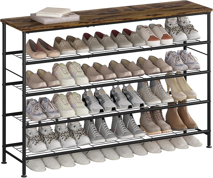 SUOERNUO Shoe Rack 5 Tier Shoe Storage Organizer Metal Mesh Shelves with MDF Top Board for Entryway, Hallway, Closet,Bedroom，Living Room (Black+Rustic Brown, Large 5 Tier)