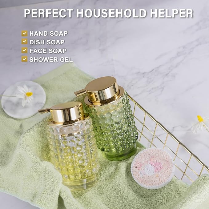 Glass Foaming Hand Soap Dispenser for Bathroom Decor with Pump（Foam Type/Green）