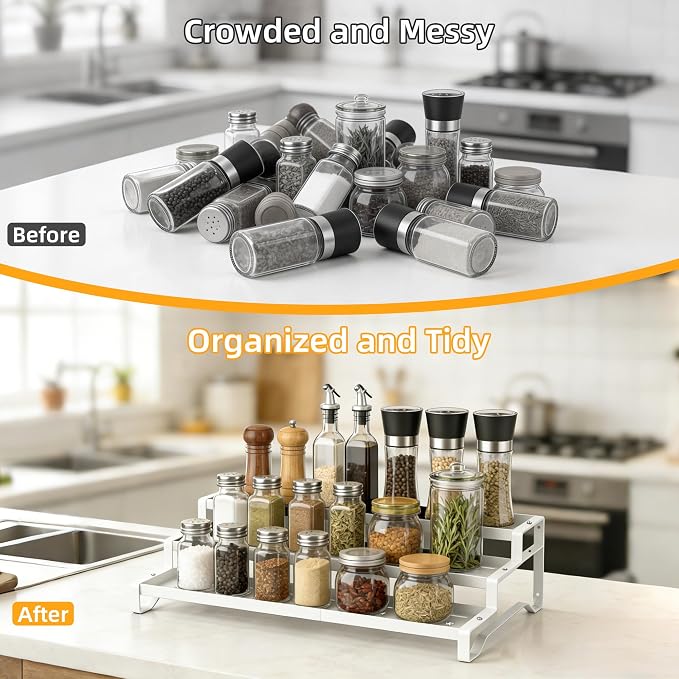 3-Tier Spice Rack Organizer 2 Pack, 13"-21.5" Expandable Spice Organization Shelf, Metal Seasoning Organizer for Kitchen Countertop or Pantry, Slip-Resistant Design for Jars and Bottles, White
