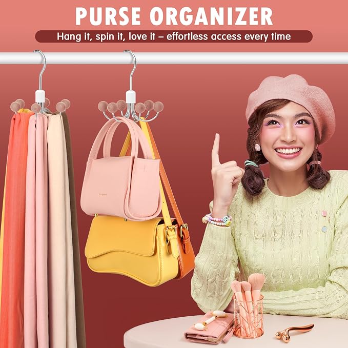 DOIOWN Purse Organizer,2 Pack Space Saving Purse Hangers for Closet,Multi Purpose Rotating Tank Top Hangers for Bags, Bras,Scarfs,Ties, Hoodies, Hat Closet Organizers and Storage