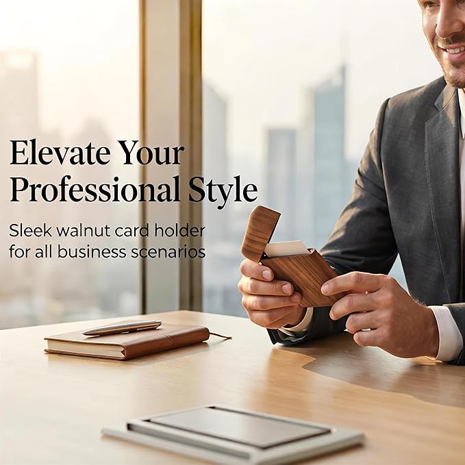 sunking Walnut Wood Business Card Holder with Magnetic Closure, Handmade Wooden Business Card Case Holds Up to 28 Cards, Slim Professional Card Holder for Men & Women, Executive Office Gift(Walnut-2)