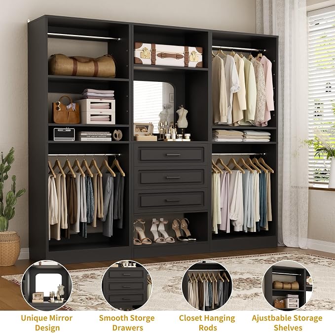 Unikito Modular Closet System with 3 Sets, 75”Closet Organizer System with Drawers, Mirror, Hanging Rods and Adjustable Shelves, Freestanding Wood Wardrobe Garment Rack, Walk in Closet Tower, Black