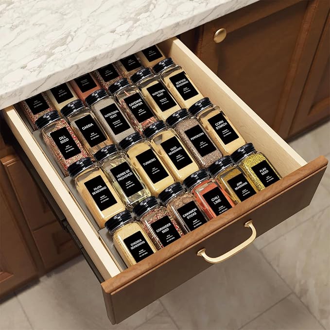AISIPRIN 24 Pcs Glass Spice Jars with 398 Labels, 4oz Empty Square Spice Containers Seasoning Bottles - Shaker Lids, Funnel, Brush and Marker Included(Black Metal Caps)