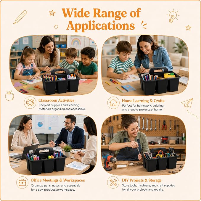 Classroom Caddy with Safe Handle, 6 Pack Plastic Organizer with 4 Compartments, Teacher & Kids Supply Caddy for Crayons, Markers, Desk, Cleaning & Bathroom Storage (Black)