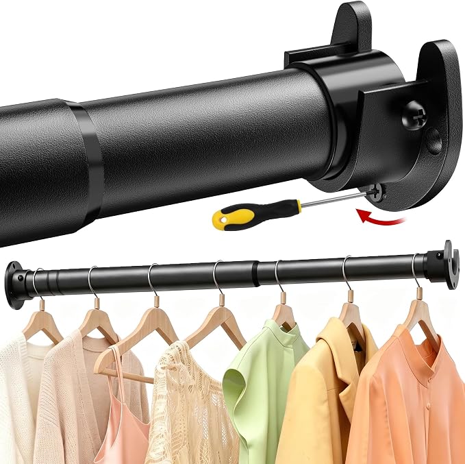 17 to 84 Inch Closet Rods for Hanging Clothes with Screwdriver, Stepless Adjustable Closet Rod Heavy Duty, 1.3 Inch Clothes Hanging Rod Metal Closets Pole Bar for Wardrobes Laundry Bathroom RV, Black