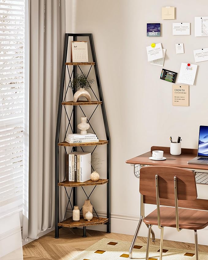 CHOEZON 5-Tier Corner Shelf, Corner Bookshelf, Ladder Shelf, Floor Standing Storage Rack, Open Display Stand, Plant Stand, for Living Room, Bedroom, Study, Bathroom, Rustic Brown and Black TCJ22BF