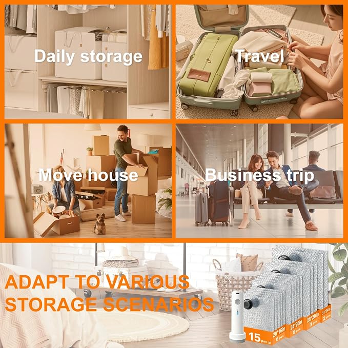 Premium Vacuum Storage Bags,Compression Space Saver Bags with Rechargeable Cordless Pump,15 Pack 4 Sizes,vacuum seal bags for clothing travel,Comforters,Bedding