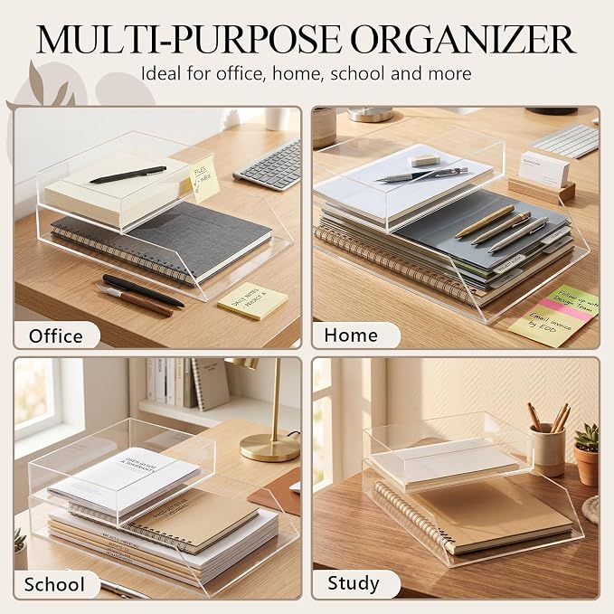 Novabright Acrylic Desk Organizer Letter Tray Set of 2, Tabletop Desktop File Holder for Storage Paper Letters Folders Notebooks, Clear Stackable Paper Tray for Office Copy Print