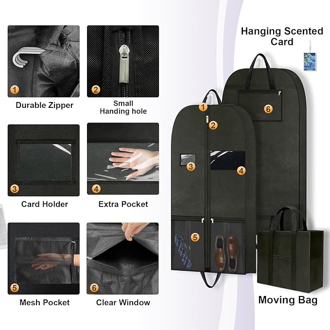 43" Garment Bag for Closet Storage, Travel Suit Cover for Hanging Clothes | Breathable garment cover with zipper and handles, protects suits, shirts, coats and jackets at home or on trips.