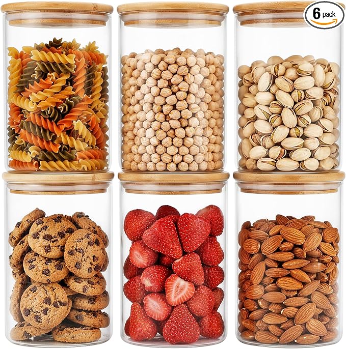 6pcs Glass Food Storage Containers with Bamboo Lids, 1qt Glass Jars | Airtight Pantry Storage Jars for Flour, Sugar, Dry Goods