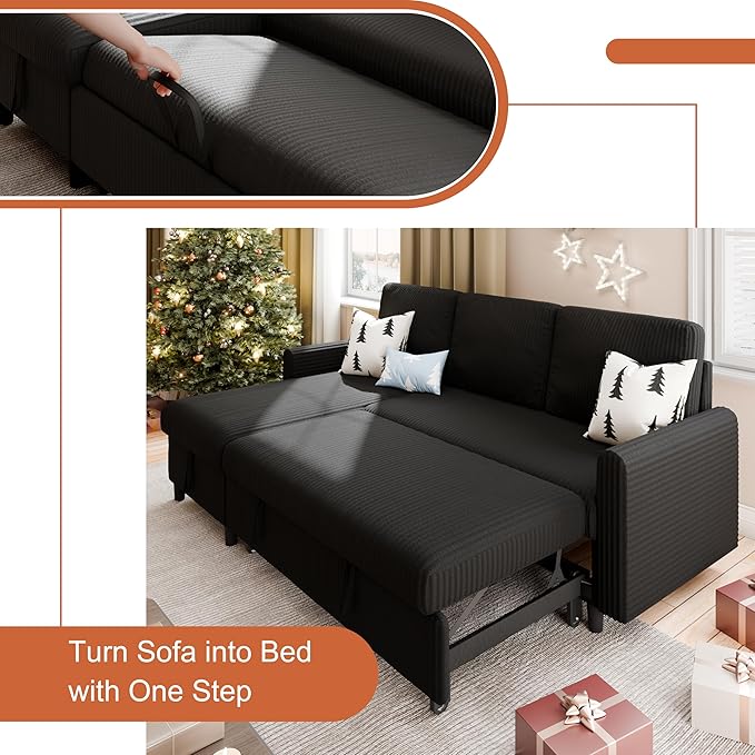Vongrasig Pull Out Couch, 2 in 1 Small Sofa Bed Sleeper Sofa with Storage, 77" L Shaped Convertible Sofa with Storage Chaise for Living Room, Apartment, Black