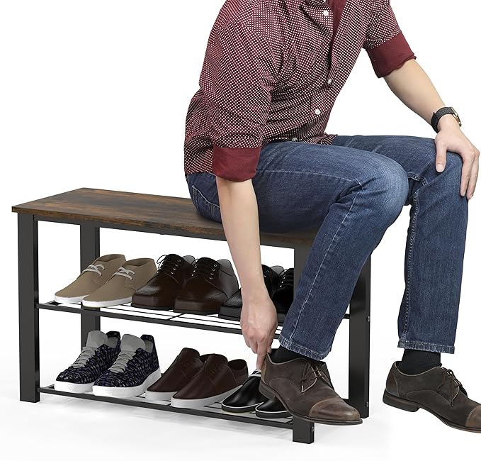 Simple Houseware Wood Top Shoe Storage Bench for Entryway, Rustic Brown