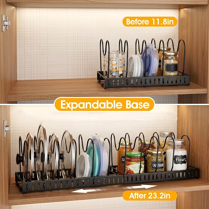 2 Pack Pot and Pan Organizer Expandable 12-23 Inch Pot Lid Pan Organizers Inside Cabinet with 14 Adjustable Dividers Heavy Duty Iron Storage Rack for Pots Pans Lids Black