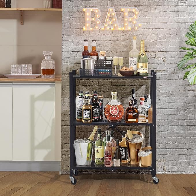 DEANIC 3 Tier Foldable Storage Shelves with Wheels, Kitchen Appliance Stand, Freestanding Metal Wire Shelf Rack, No Assembly Organizer Rolling Cart for Garage, Basement, Pantry (Black)
