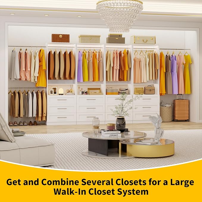 Closet System Set of 4, 8FT-21FT Walk in Closet System with 12 Drawers & 8 Adjustable Hanging Rods, Custom Closet Organizer Systems with 4 Shelves, Modular Closet Storage System Organizer Kit, White