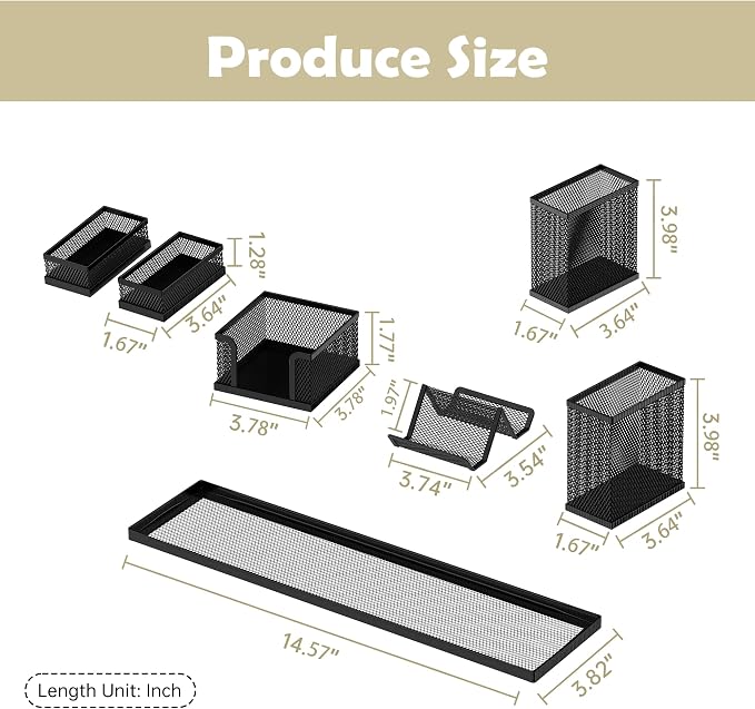 Pen Holder for Desk, 6-Piece Mesh Desk Organizer with Phone Holder, Black | 6-Piece Black Mesh Desk Set Includes Pen Cups, a Sticky Note Caddy and Phone Holder for Office, School, Home