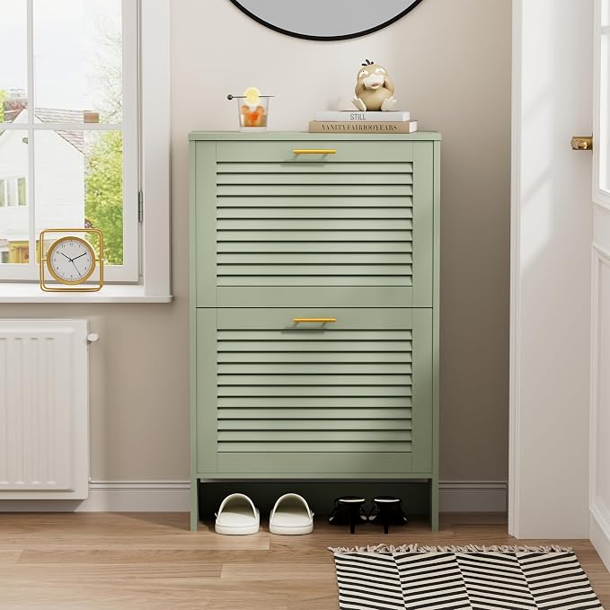Narrow Shoe Cabinet Storage for Entryway, Sage Green | Freestanding Shoe Organizer with 2 Flip Drawers, Louvered Doors, Anti-tip Device, Modern Show Rack