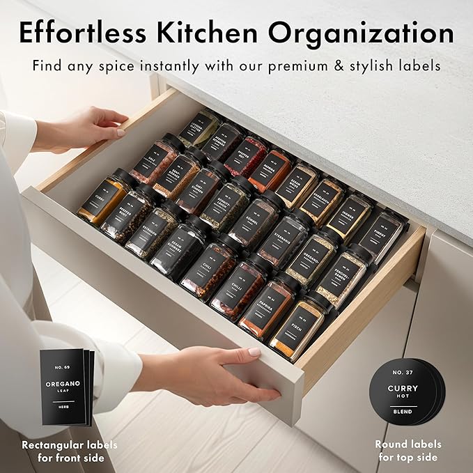 EDELHAUS Glass Spice Jars with Label, Seasoning Set, 24x Black Steel Lids | Airtight Lids keep spices fresh, Kitchen Spice Drawer Organizer, 4oz Seasoning Containers incl. Funnel, Brush & 240 Labels