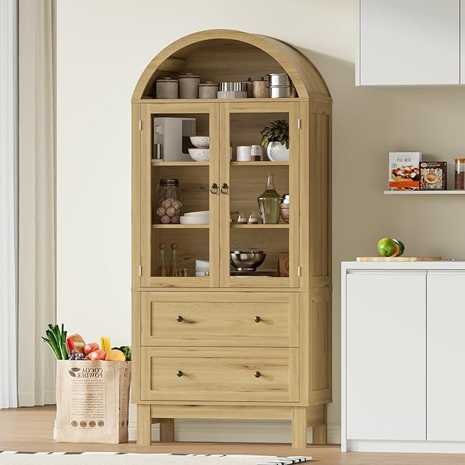 71" Tall Arched Bookshelf, 6-Tier Bookcase with Glass Doors & Adjustable Shelves, Wood Display Book Shelf with Drawers for Living Room, Dining Room, Natrual