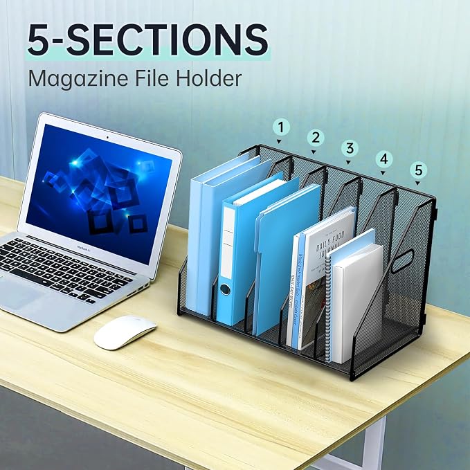 MINDEPOT Desk File Organizer Metal Desk Magazine Folder Holder with 5 Vertical Compartments Rack File Organizer for Office, Home, School, Black