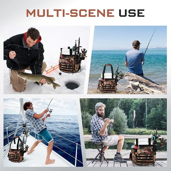 Boomistry Fishing Bucket Organizer for 5 Gallon Bucket, Brown Camo | 15 Multi-Pockets, 4 Built-in Rod Holder Storage, 3 Adjustable Buckles, for All Fishing Gear & Tackle Accessories