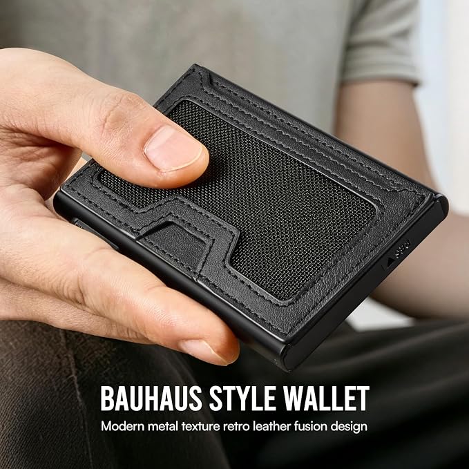 Pop Up Wallet For Men, Bauhaus Minimalist Aluminum RFID Blocking Card Holder, Vegan Leather EDC Wallet With ID Window, Elastic Cash Pocket For Daily Travel Business