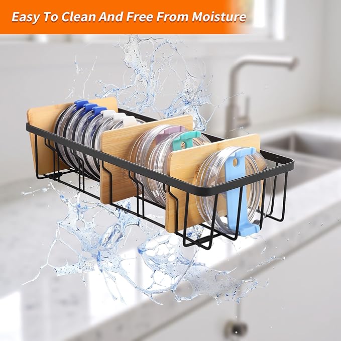 2-Pack Adjustable Lid Organizers - Large Kitchen Cabinet Organizer for Food Storage Container and Tumbler Cup Lids with 6 Bamboo Dividers - Organizers in Kitchen/Pantry/Laundry Room