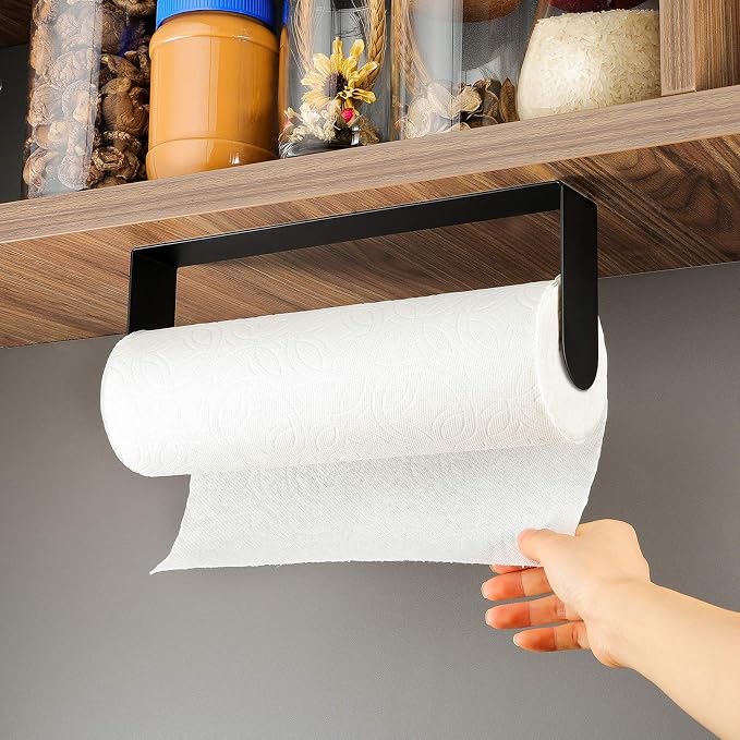 ZUNTO Black Paper Towel Holder, Self Adhesive, for Wall or Under Cabinet | Stick on Wall Vertical or Horizontal, No Drilling, Stainless Steel - Rustproof, Kitchen Roll Rack for Home, Rv or Apartment