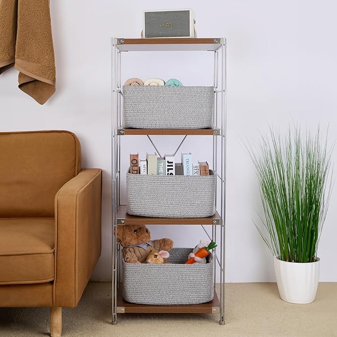 MiniArk Large Storage Baskets for Organizing, 17 x 13 x 7.5” Closet Shelf Baskets for Clothes Blanket Towels, Baby Nursery, Toy Bins Box, Woven Rope Baskets, 4 Packs Mixed Grey