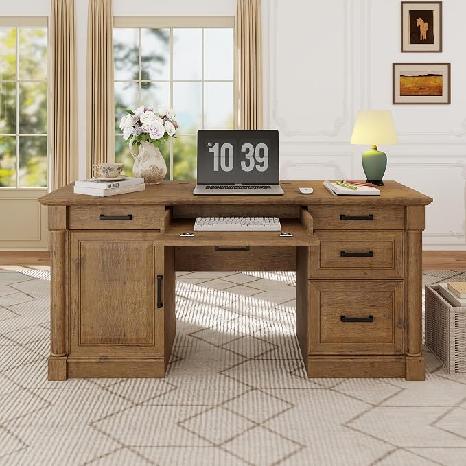 blini Large Farmhouse Executive Desk with Drawers，Wood Computer Desk，Embossed Texture Home Office Desk with File Cabinet Storage, Cable Management, Keyboard Tray，Working Table for Work Study Writing