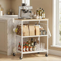 Homleke 3-Tier Rolling Kitchen Microwave Cart, Utility Cart | with Lockable Wheels Coffee Bar Table Station with 6 Hooks, Small Appliance Storage Shelf, White and Natural