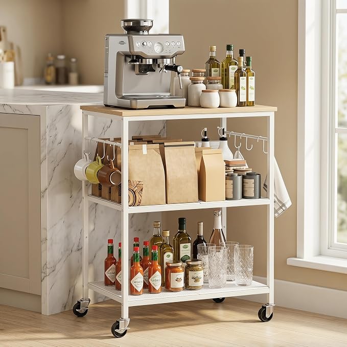 Homleke 3-Tier Rolling Kitchen Microwave Cart, Utility Cart | with Lockable Wheels Coffee Bar Table Station with 6 Hooks, Small Appliance Storage Shelf, White and Natural