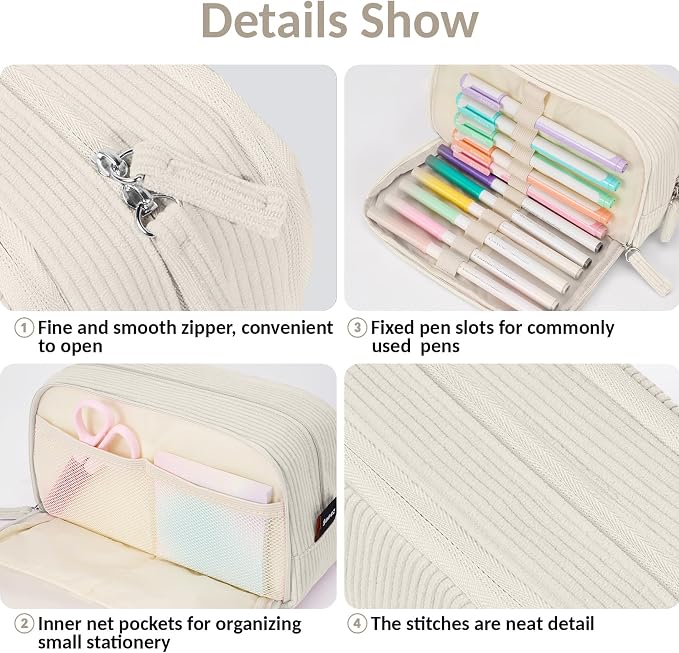 Sooez Big Capacity Pencil Case Pen Pouch, Soft Corduroy Pencil Bag with 3 Compartment, Multiple Pockets, Sturdy Zipper, Cute School Supplies Pen Bag Organizer For Teen Girls College, Beige