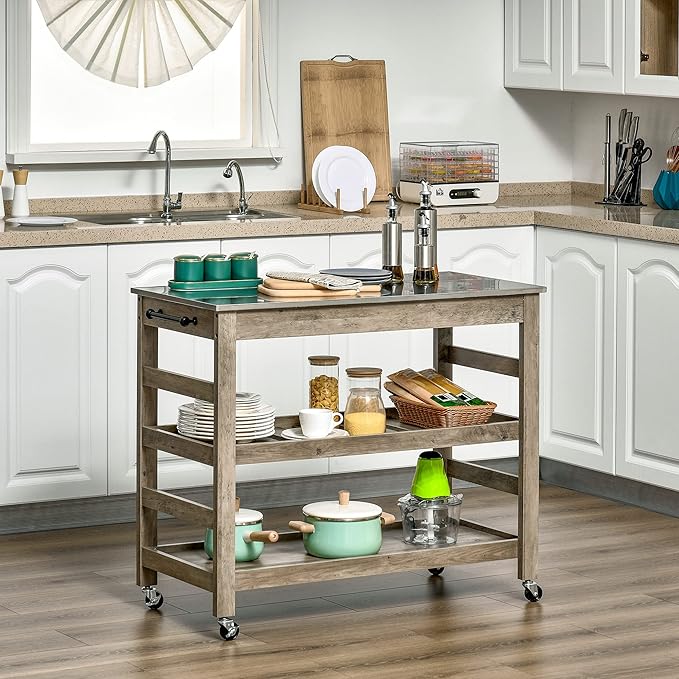 HOMCOM Rolling Kitchen Cart with Stainless Steel Countertop, Grey | Kitchen Butcher Block Cart, 1 Bottom Shelf, 1 Slotted Middle Shelf, 4 Castor Wheels