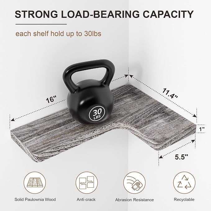 fuqing Floating Corner Shelves, Wall Shelf Set of 3, Shelves for Wall Storage, Solid Wood Shelves for Storage, Wall Mount Wooden Display Shelf for Bathroom Bedroom Kitchen Garage, Weathered