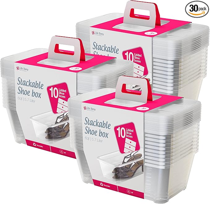 Life Story 6 Liter Shoe, Accessory, and Closet Plastic Storage Box Multi-Purpose Lidded Stacking Tote Containers, Clear (30 Pack)