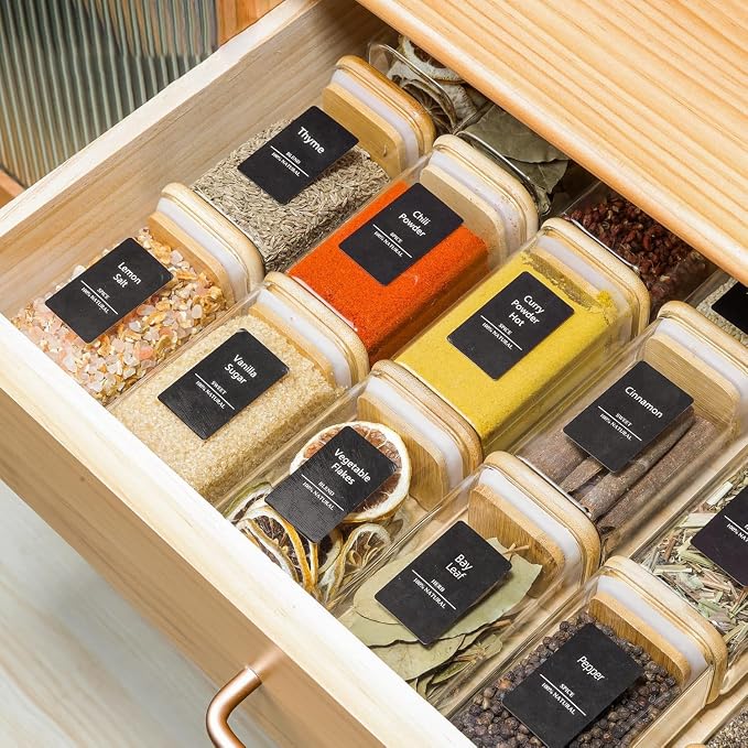 ComSaf Glass Spice Jars with Labels 8 oz 16 Pack Square Bamboo Lids | Empty Containers, Seasoning Herbs Powders, Salt Pepper Chili, Spice Rack Organization, Kitchen Cabinet Storage, Dry Goods