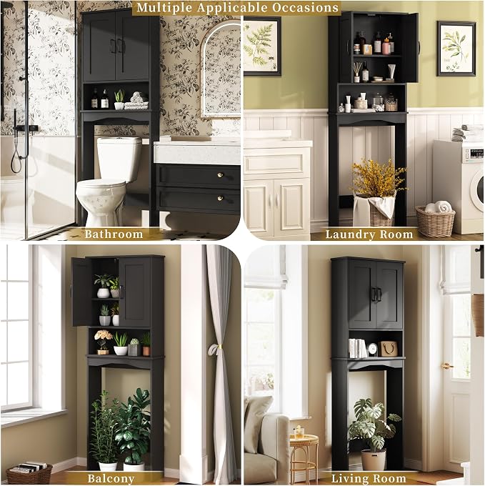 ROOMTEC Over The Toilet Storage Cabinet with Adjustable Shelf and Double Doors, Freestanding Bathroom Cabinet Organizer with Open Shelf, Home Space-Saving Toilet Rack for Restroom, Laundry, Black