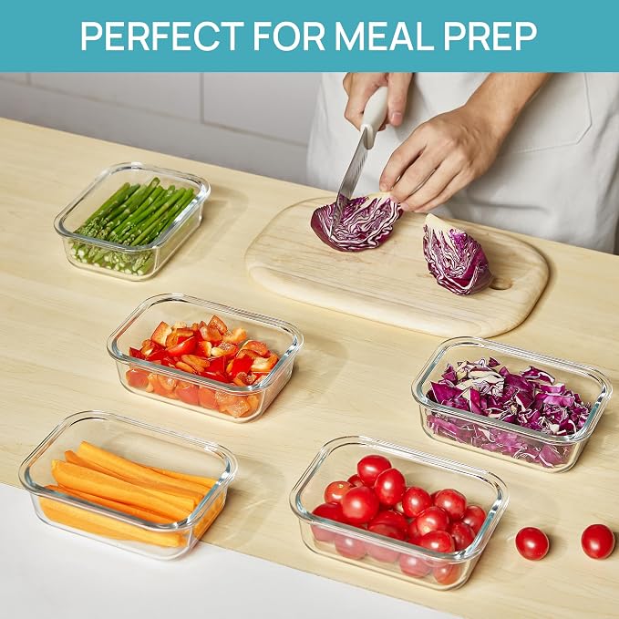 Vtopmart 5Pack 22oz Glass Storage Containers with Lids, Glass Meal Prep Food Container Sets with Snap Airtight Lid for Microwave, Oven, Freezer and Dishwasher, Green