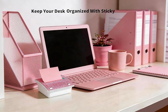 Pop up Sticky Notes Dispenser,Rhinestone Self Sticky Note Holder,Cute Pink Desk Accessories for Office Supplies,Office Desk Decor,Teacher Gifts(White Pink)