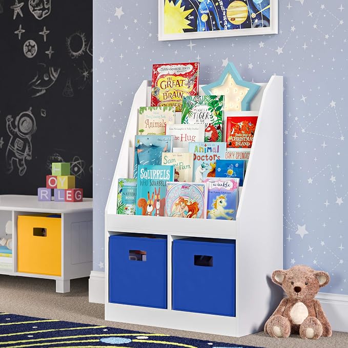 RiverRidge Folding Storage Bins - 4-pack of 10in Tall Blue Cubes | Fabric Bins, Set of 4 Storage Cubes, Cut-out Handles, Playroom Closet Organizer, Collapsible Cubby with Bottom Board Insert