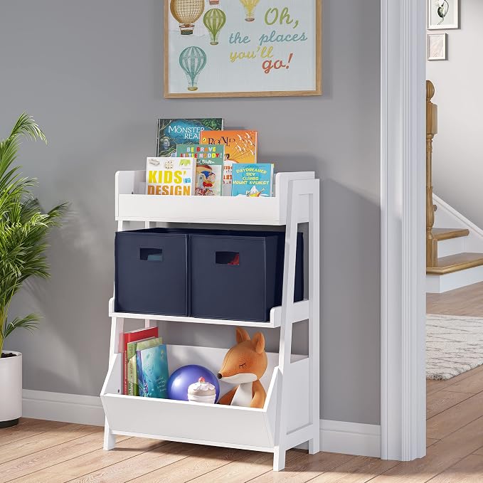 RiverRidge Folding Storage Bins - 2-pack of 10in Tall Navy Cubes | Fabric Bins, Set of 2 Storage Cubes, Cut-out Handles, Playroom Closet Organizer, Collapsible Cubby with Bottom Board Insert