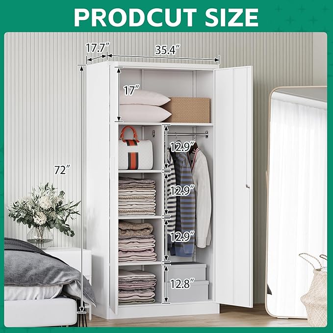 Letaya Metal Locker,Steel Wardrobe Storage Cabinets with Lock Door,Clothing Coat Storage Freestanding for Office, Home, School, Employee,Gym,Fire Department (White)