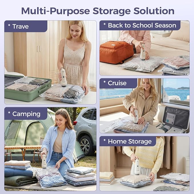Travel Vacuum Bags with Electric Pump, Compression 12-Piece | 80% Space Saving for Clothes & Bedding, Fits Carry-On Suitcases, Reusable For Luggage, Closets, and Home Storage