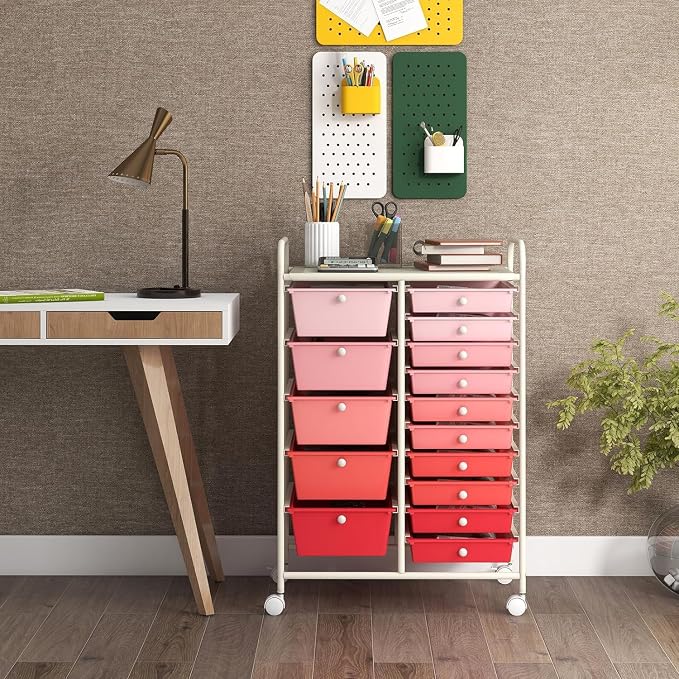 LDAILY 15 Drawer Rolling Storage Cart, Rolling Cart with Drawers for Classroom, Art Supply Craft Organizer on Wheel with Metal Frame & Handles for Home Office School