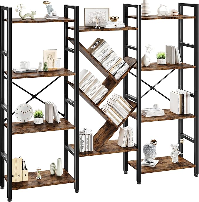 INNOD Triple 4 Tier Book Shelf, Large Industrial Bookcase with Storage Cabinet, Tall Bookshelf with Open Display Shelves Furniture for Living Room Bedroom Home Office Rustic Brown