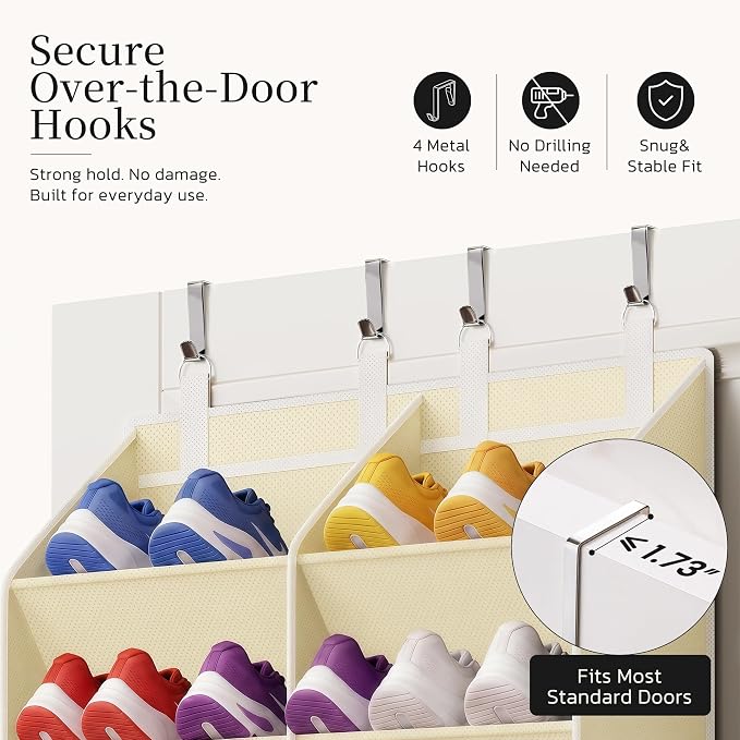 Criusia Over the Door Shoe Organizer, 20-30 Pairs Heavy-Duty Hanging Shoe Storage with Large Pockets, 10-Tier Door Shoe Rack with 4 Hooks for Sneakers Sandals Heels Boots (Beige)